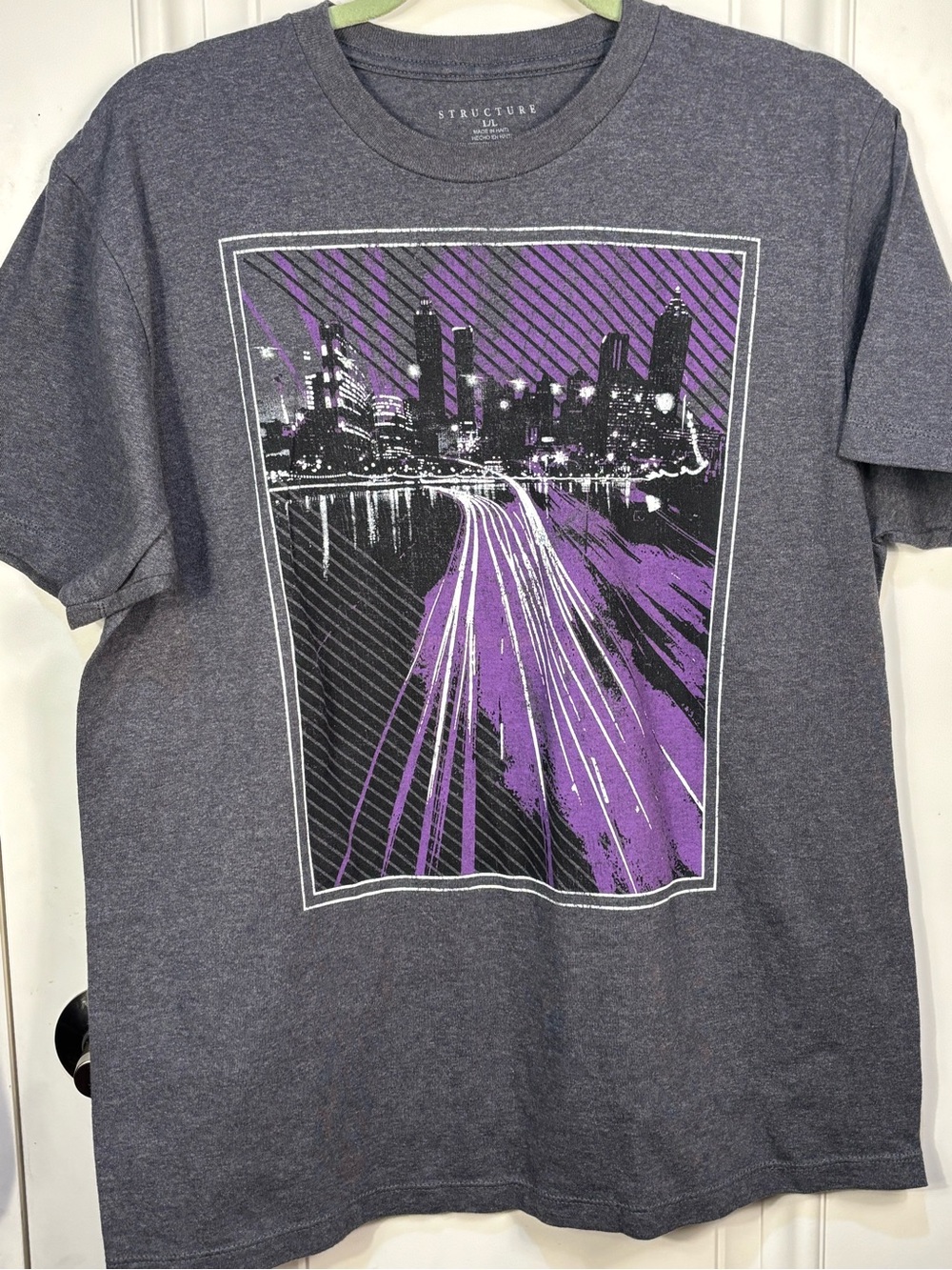 Structure T Shirt Mens L Gray City Skyline Graphic Crew Neck Short Sleeve 60/40